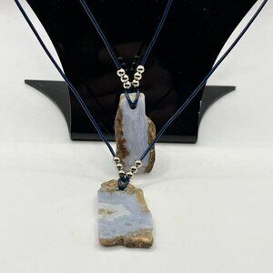 Blue Lace Agate Raw Edge Pendant Necklace Pearl Closure on Leather Cord Gift Box